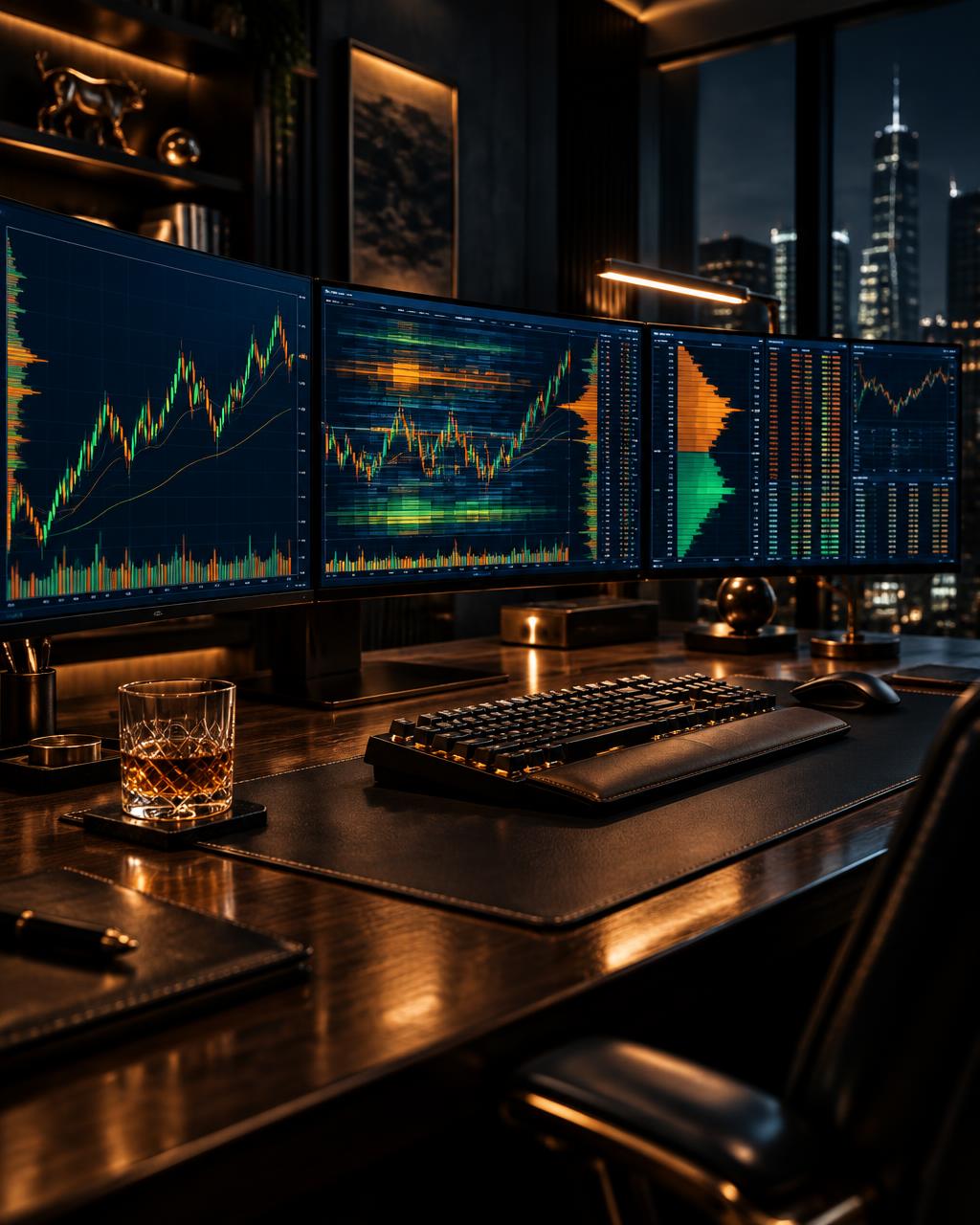 Executive trading desk — multi-monitor market workspace